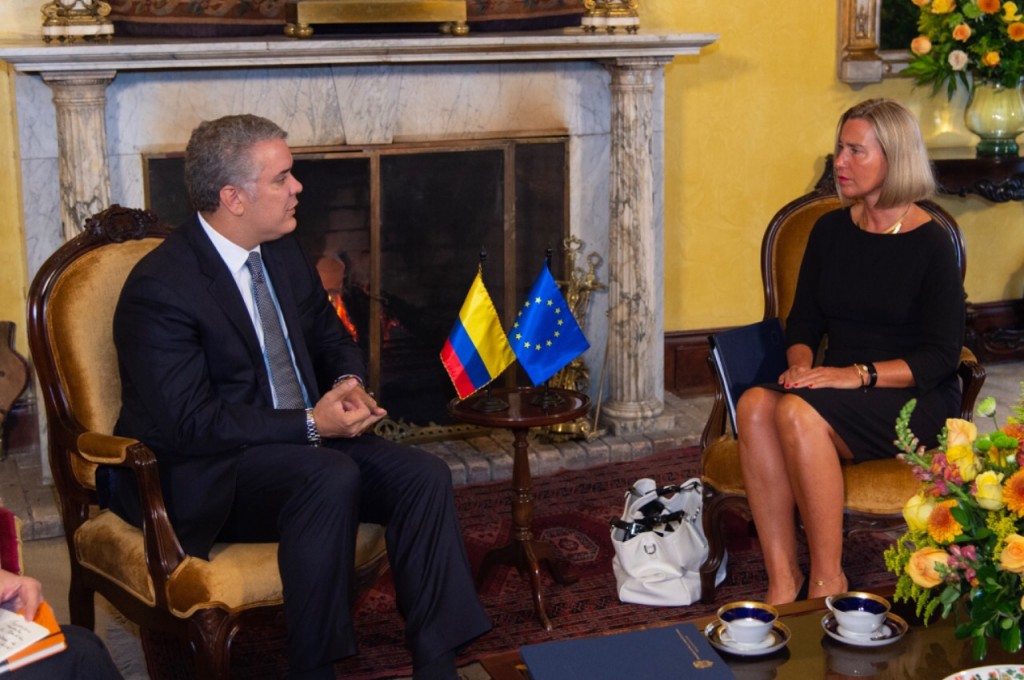 Alta representante de la Unión Europea (UE) y vicepresidenta de la Comisión Europea, Federica Mogherini, en reunión con el presidente Iván Duque. 